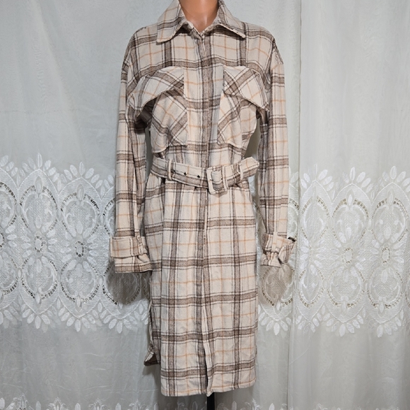 Line And Dot Long Plaid Peti Coat Jacket 10% Wool Sz Medium - Picture 1 of 8